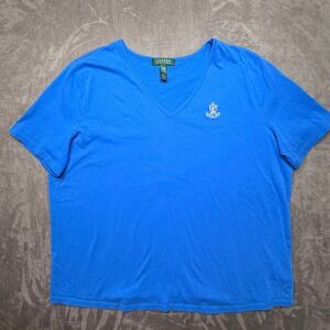 Lauren Ralph Lauren T-Shirt Womens 2X Blue V-Neck Short Sleeve 100% Cotton Logo